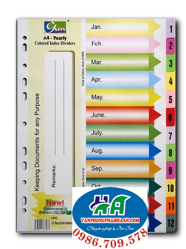 Chia file giấy 12 màu (từ số 1-12)